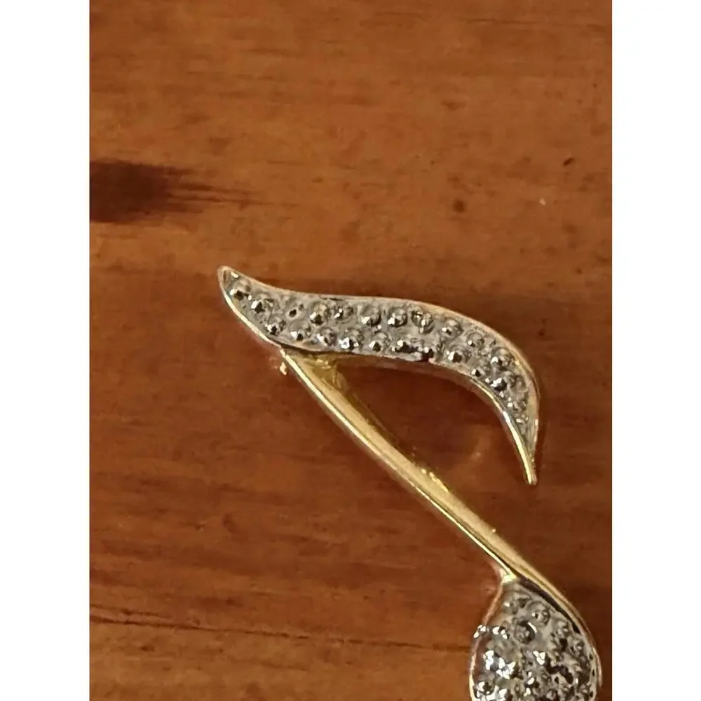 Vintage Gold Tone Musical Note Brooch Rhinestone Eighth Note Music Lover Pin